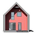 Cartoon Scene Modern House With Gabled Roof Large Windows And Red Small House Design