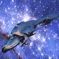 Futuristic Metallic Spaceship Flying Through Vast Starry Space With Bright Stars