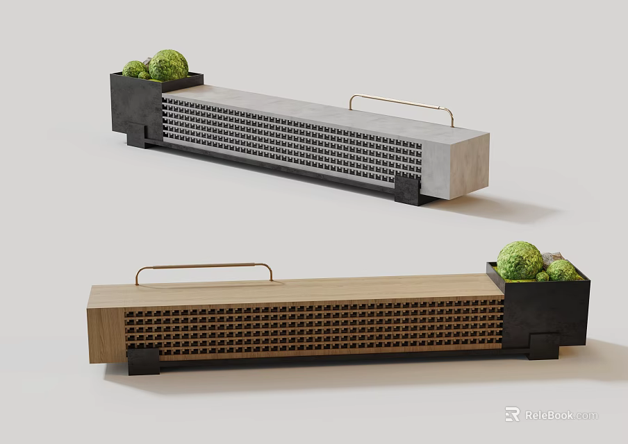 Modern TV Stand With Wooden And Metal Frame Grid Pattern Brass Handles And Green Plants 3d model 