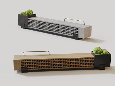 Modern TV Stand With Wooden And Metal Frame Grid Pattern Brass Handles And Green Plants 3d model