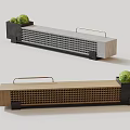 Modern TV Stand With Wooden And Metal Frame Grid Pattern Brass Handles And Green Plants