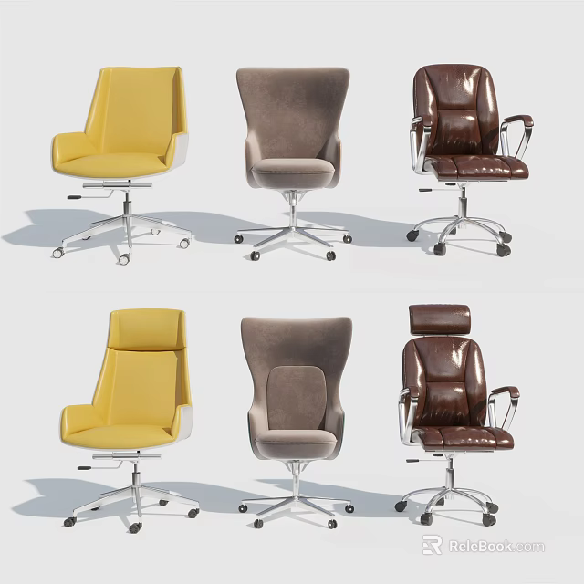 Modern Office Chairs in Yellow Gray Brown with Swivel Wheels and Ergonomic Design 3d model 