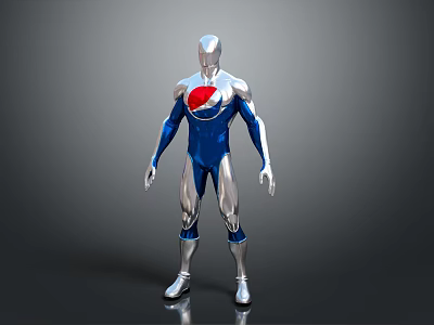 Silver And Blue Humanoid Figure With Red Chest Emblem And Metallic Body 3d model