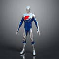 Silver And Blue Humanoid Figure With Red Chest Emblem And Metallic Body