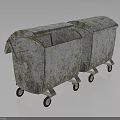 Two Rustic Metal Trash Bins With Lids And Wheels On Gray Background