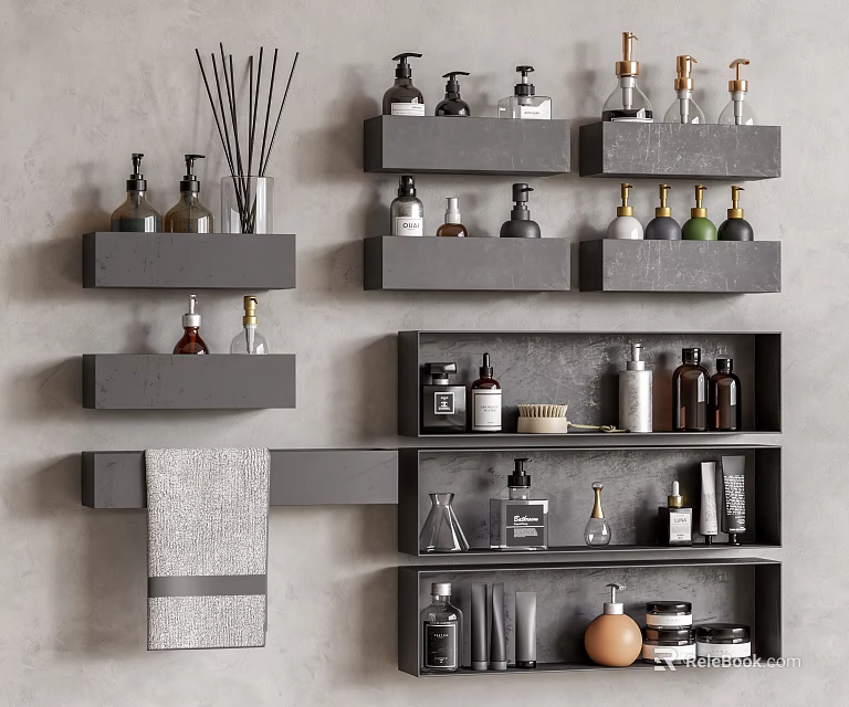 Stylish Bathroom Wall Mounted Shelves With Multi Tiered Storage For Toiletries And Towel 3d model 