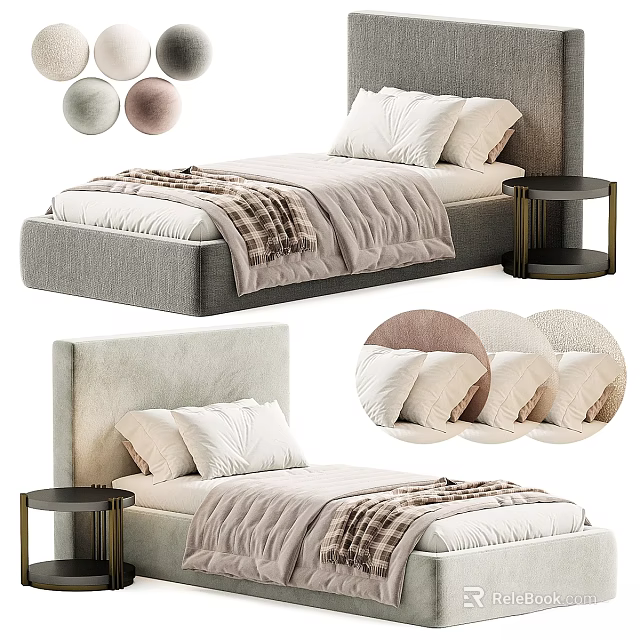 Modern Double Bed With Soft Headboard White Pillows Plaid Blanket And Black Nightstand 3d model 