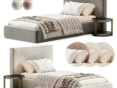 Modern Double Bed With Soft Headboard White Pillows Plaid Blanket And Black Nightstand 3d model
