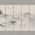 Ink Painting Style Background Wall With Mountains Water Surface And Flying Birds Natural Scenery Design