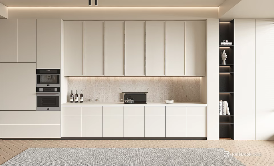 Modern Kitchen Interior Design With White Cabinets Built-in Appliances And Marble Backsplash 3d model 