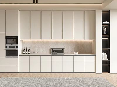Modern Kitchen Interior Design With White Cabinets Built-in Appliances And Marble Backsplash 3d model