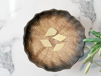 Wafer Cookies On Wooden Plate Near Green Plant 3d model