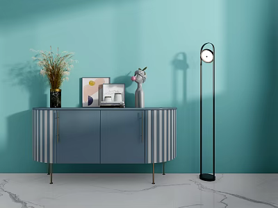 Blue Striped Console Cabinet with Metal Legs Floor Lamp and Decor on Marble Floor 3d model