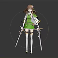 Fantasy Female Warrior Character With Green Outfit Flower Hair Accessories And Dual Swords