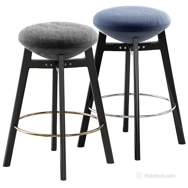 Modern Bar Stools With Gray Blue Fabric Seats Black Legs And Round Metal Footrests 3d model 