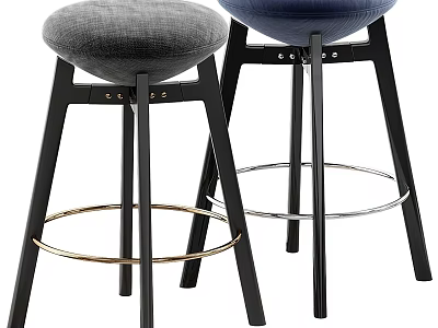 Modern Bar Stools With Gray Blue Fabric Seats Black Legs And Round Metal Footrests 3d model
