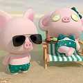 Cute Pink Pig Characters In Beach Scene With Sunglasses And Cucumber Eye Patches