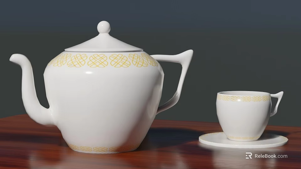 White Ceramic Teapot And Teacup With Yellow Pattern On Wooden Table 3d model