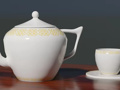 White Ceramic Teapot And Teacup With Yellow Pattern On Wooden Table 3d model