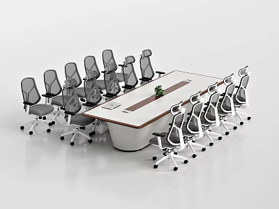 Long Rectangular Conference Table With Center Plant And Gray White Wheeled Office Chairs 3d model
