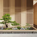 Japanese Style Interior With Bonsai Pine Rockery And Wooden Lattice Screens