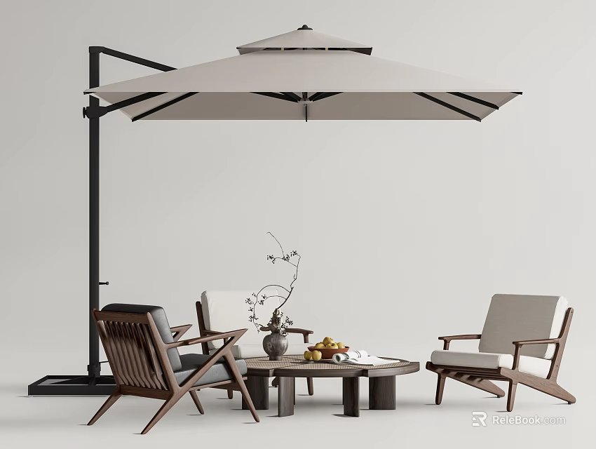 Outdoor Table and Chair Set With Patio Umbrella Wooden Frame Fabric Seats and Decorative Vase 3d model 