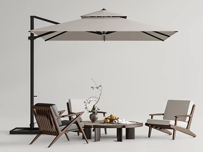 Outdoor Table and Chair Set With Patio Umbrella Wooden Frame Fabric Seats and Decorative Vase 3d model