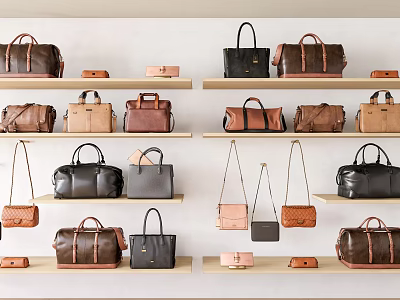 Wooden Shelves Display Stylish Leather Bags And Suitcases With Various Colors Sizes Styles 3d model