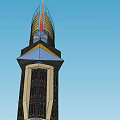 Tall Office Building Tower Structure With Spire Colorful Exterior And Multiple Floors