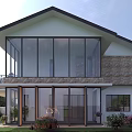 Modern Two Story Detached Villa Exterior With Large Glass Windows Balcony Stone Wood And Flowers