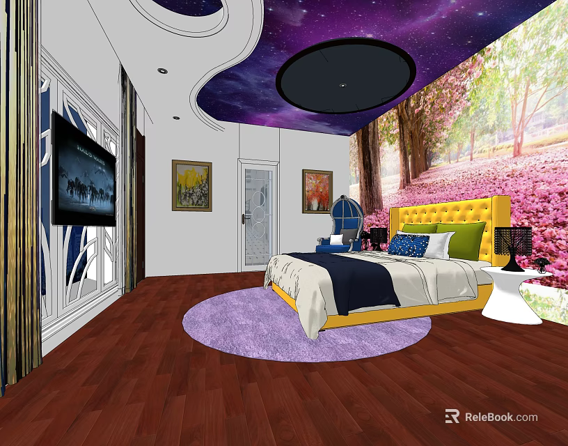 Hotel Guest Room With Starry Sky Ceiling Yellow Headboard Purple Rug And Pink Flower View 3d model 