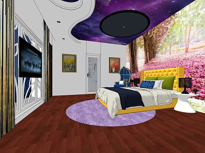 Hotel Guest Room With Starry Sky Ceiling Yellow Headboard Purple Rug And Pink Flower View 3d model