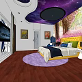 Hotel Guest Room With Starry Sky Ceiling Yellow Headboard Purple Rug And Pink Flower View