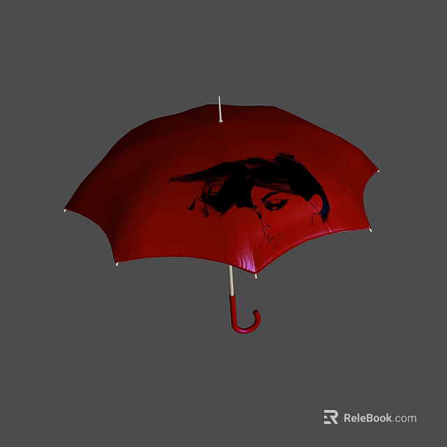 Stylish Red Umbrella with Female Portrait Design and Curved Handle 3d model 