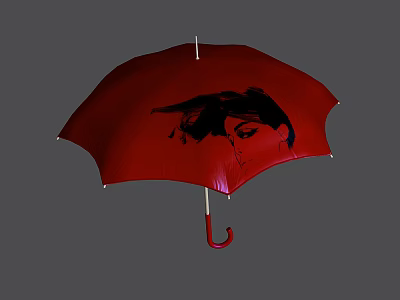Stylish Red Umbrella with Female Portrait Design and Curved Handle 3d model