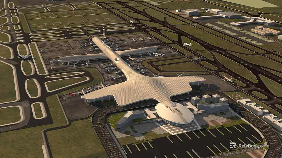 Aerial View Of Modern Large International Airport Terminal With Runways Aprons And Countless Parked Aircraft 3d model 