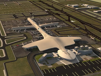 Aerial View Of Modern Large International Airport Terminal With Runways Aprons And Countless Parked Aircraft 3d model