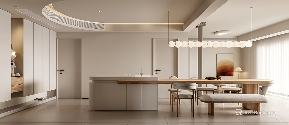 Modern Dining and Living Room Interior With Open Layout Dining Table And Pendant Lights 3d model