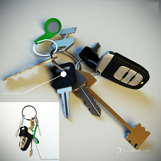 Car Keys With Green Keychain And Black Remote Control On White Surface 3d model 