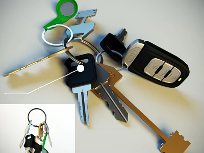 Car Keys With Green Keychain And Black Remote Control On White Surface 3d model