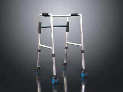 Sturdy Silver Frame Walker With Black Handles And Blue Wheels For Mobility Aid 3d model