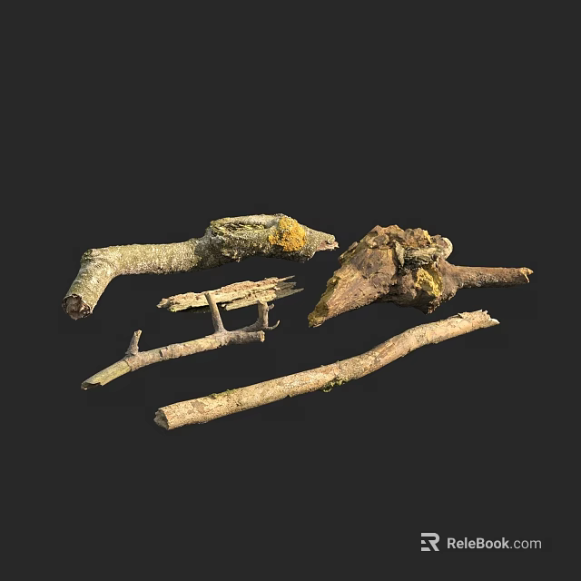 Natural Stone and Wood Decorative Elements with Rustic Branches and Textured Surfaces 3d model