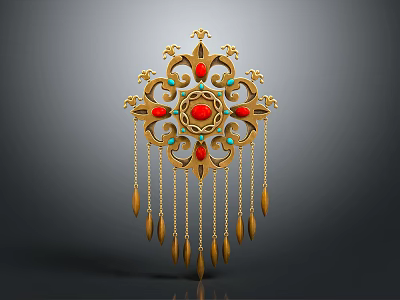 Exquisite Gold Jewelry Piece Featuring Red Blue Gemstones Ornate Design and Tassel Accents 3d model