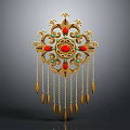 Exquisite Gold Jewelry Piece Featuring Red Blue Gemstones Ornate Design and Tassel Accents