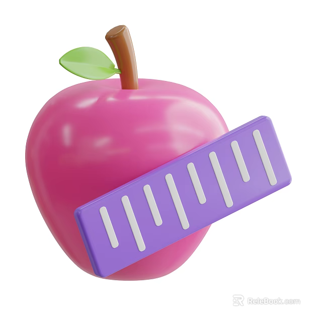 Fresh Pink Apple With Green Leaf Brown Stem And Purple Ruler 3d model 