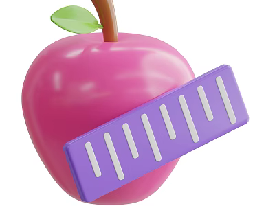 Fresh Pink Apple With Green Leaf Brown Stem And Purple Ruler 3d model