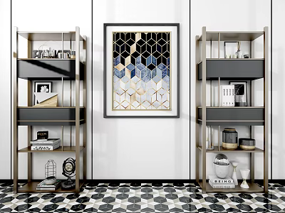 Modern Stylish Bookcases With Metal Frame Black Shelves And Geometric Wall Art 3d model