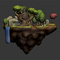 Enchanting Tree House Building on Floating Island with Trees Stream Path Pink Mushroom and Animals
