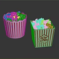 Delicious Freshly Popped Popcorn in Red and White Striped Paper Buckets on Black Surface