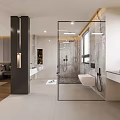 Sleek Modern Bathroom Interior With Glass Shower Enclosure Stone Walls And Pendant Lights